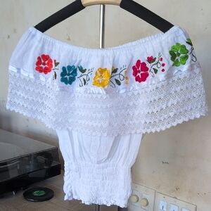 Embroidered Floral Off-Shoulder White Cotton Blouse